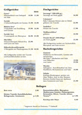 Speisekarte des Restaurant Phaistos – Zur Klostermühle – Hellenische Spezialitäten in Wiesbaden
