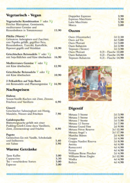 Speisekarte des Restaurant Phaistos – Zur Klostermühle – Hellenische Spezialitäten in Wiesbaden
